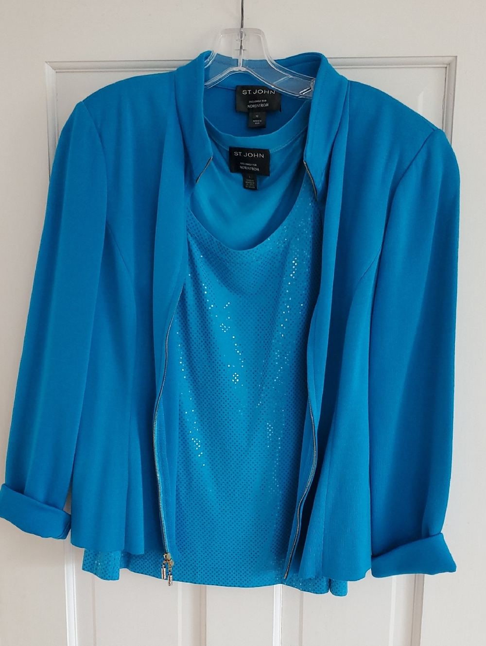 St. John Women’s Bright Turquoise Zip-Front Jacket with Sequin Shell